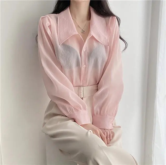 See Through Button Down Shirts Women New Loose Long Sleeve Blouse Female 2022 Summer Suncreen Tops - Blade & Thread