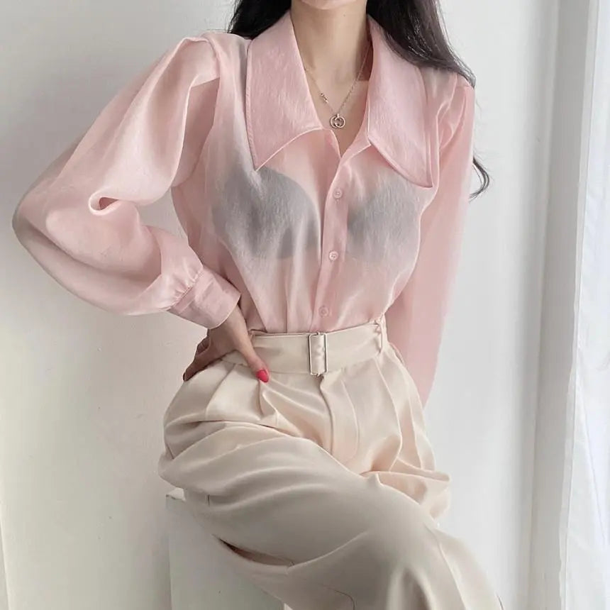 See Through Button Down Shirts Women New Loose Long Sleeve Blouse Female 2022 Summer Suncreen Tops - Blade & Thread
