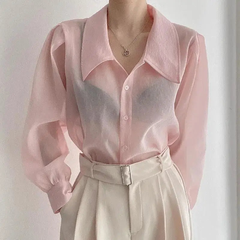 See Through Button Down Shirts Women New Loose Long Sleeve Blouse Female 2022 Summer Suncreen Tops - Blade & Thread
