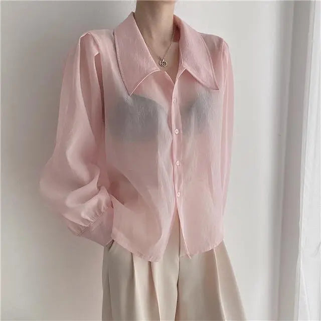 See Through Button Down Shirts Women New Loose Long Sleeve Blouse Female 2022 Summer Suncreen Tops - Blade & Thread