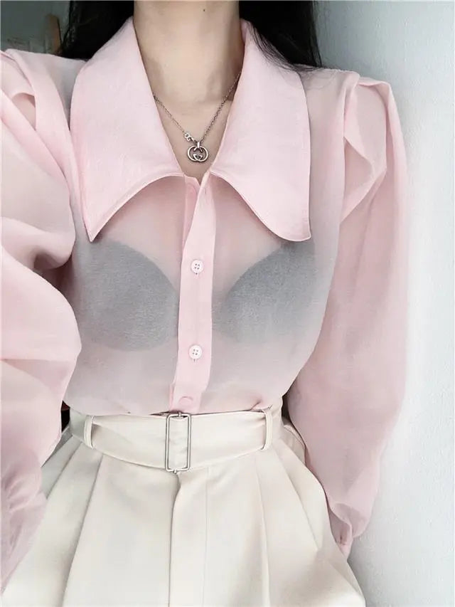 See Through Button Down Shirts Women New Loose Long Sleeve Blouse Female 2022 Summer Suncreen Tops - Blade & Thread