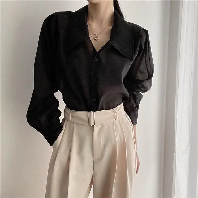 See Through Button Down Shirts Women New Loose Long Sleeve Blouse Female 2022 Summer Suncreen Tops - Blade & Thread