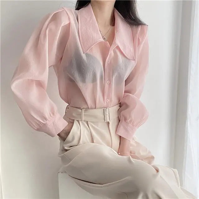 See Through Button Down Shirts Women New Loose Long Sleeve Blouse Female 2022 Summer Suncreen Tops - Blade & Thread