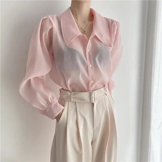 See Through Button Down Shirts Women New Loose Long Sleeve Blouse Female 2022 Summer Suncreen Tops - Blade & Thread