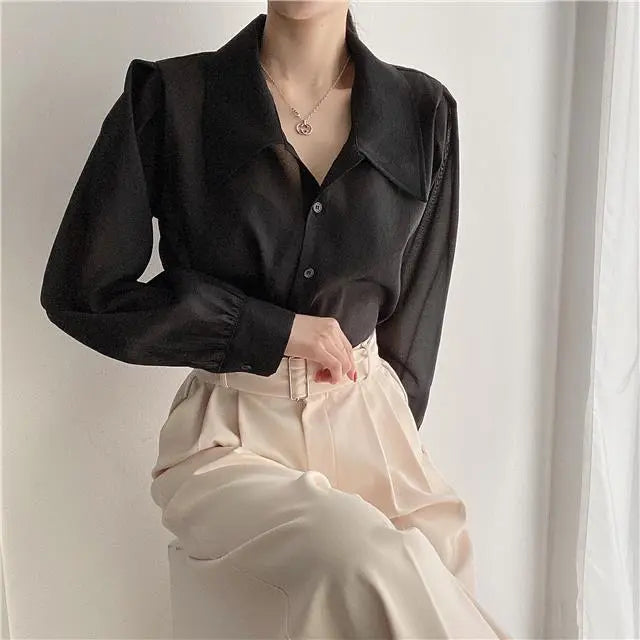 See Through Button Down Shirts Women New Loose Long Sleeve Blouse Female 2022 Summer Suncreen Tops - Blade & Thread