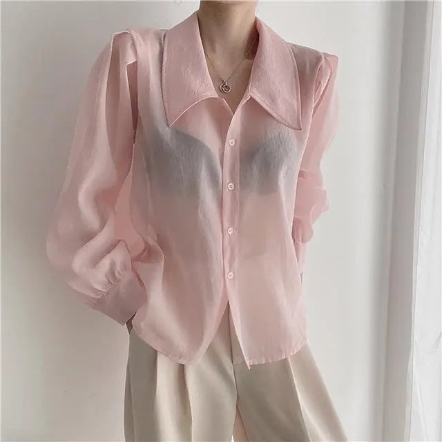 See Through Button Down Shirts Women New Loose Long Sleeve Blouse Female 2022 Summer Suncreen Tops - Blade & Thread