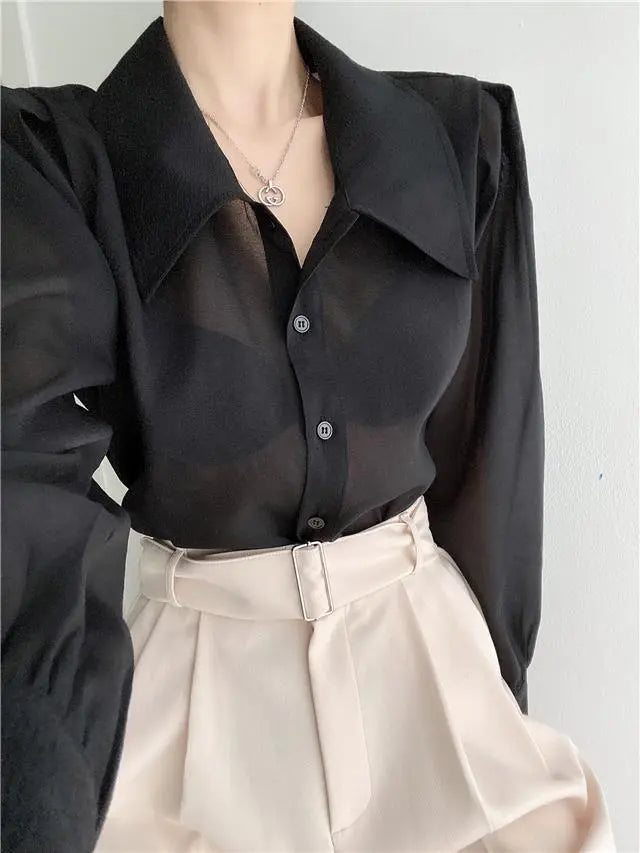 See Through Button Down Shirts Women New Loose Long Sleeve Blouse Female 2022 Summer Suncreen Tops - Blade & Thread