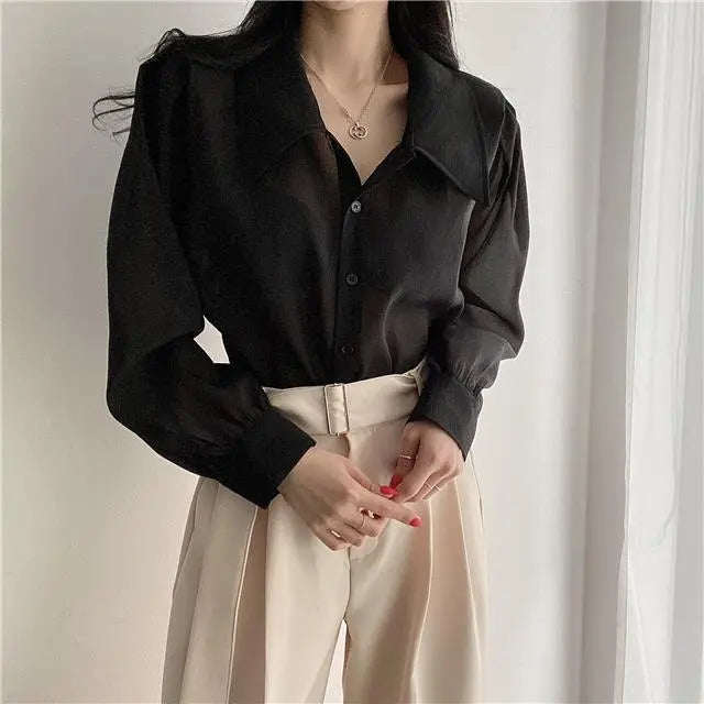 See Through Button Down Shirts Women New Loose Long Sleeve Blouse Female 2022 Summer Suncreen Tops - Blade & Thread