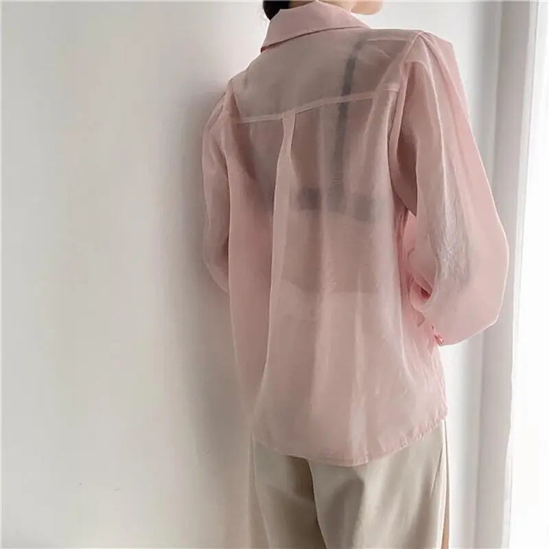 See Through Button Down Shirts Women New Loose Long Sleeve Blouse Female 2022 Summer Suncreen Tops - Blade & Thread