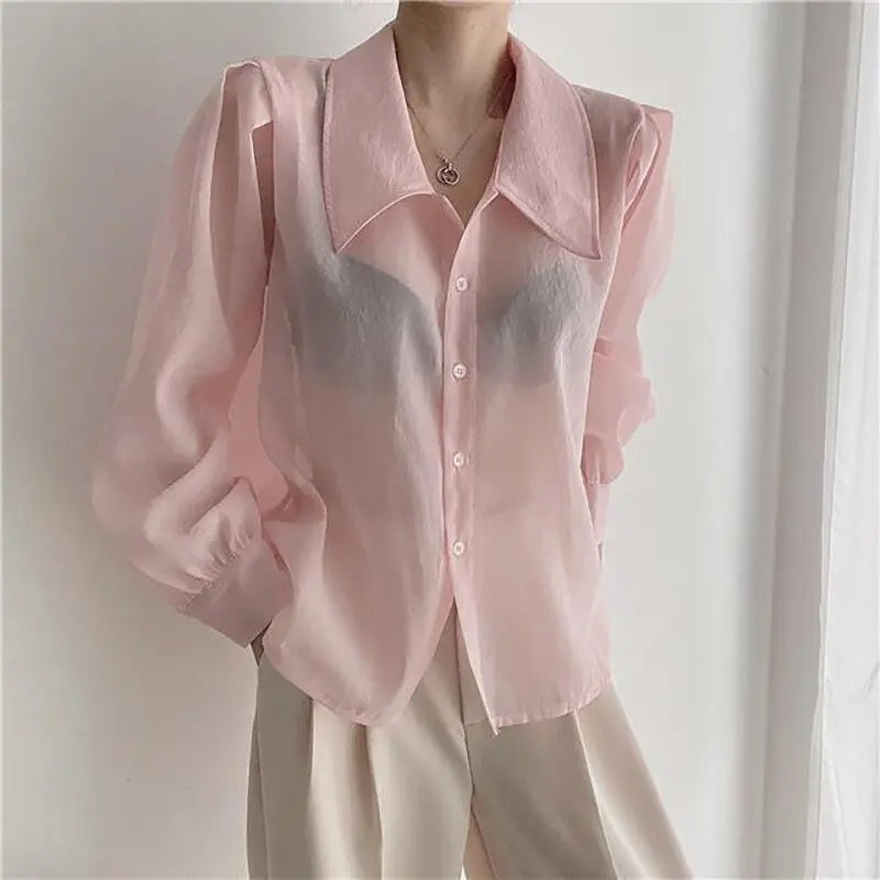 See Through Button Down Shirts Women New Loose Long Sleeve Blouse Female 2022 Summer Suncreen Tops - Blade & Thread