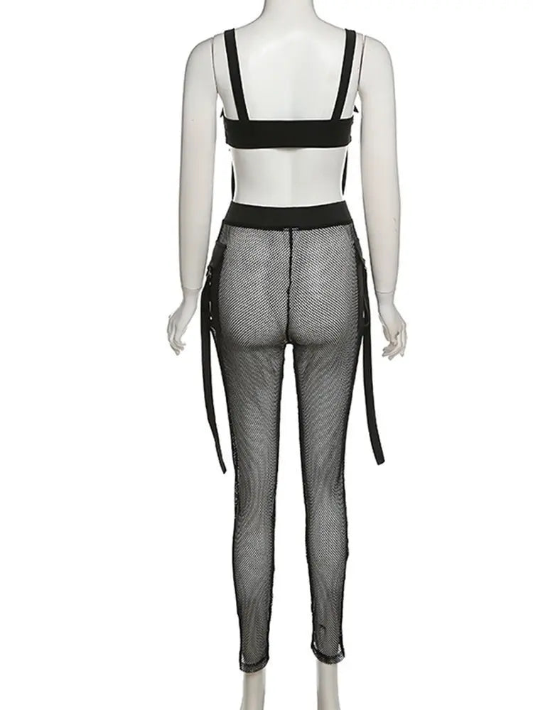 See Through Mesh Crop Top and Trousers Two Piece Set Casual Streetwear 2022 - Blade & Thread