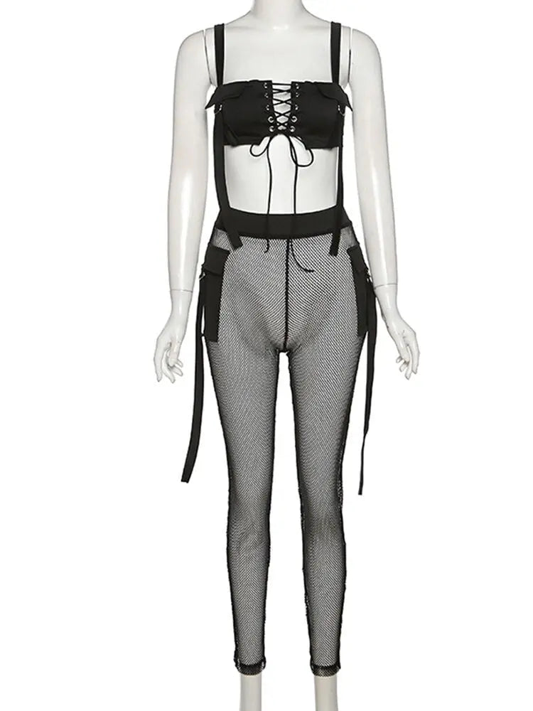 See Through Mesh Crop Top and Trousers Two Piece Set Casual Streetwear 2022 - Blade & Thread