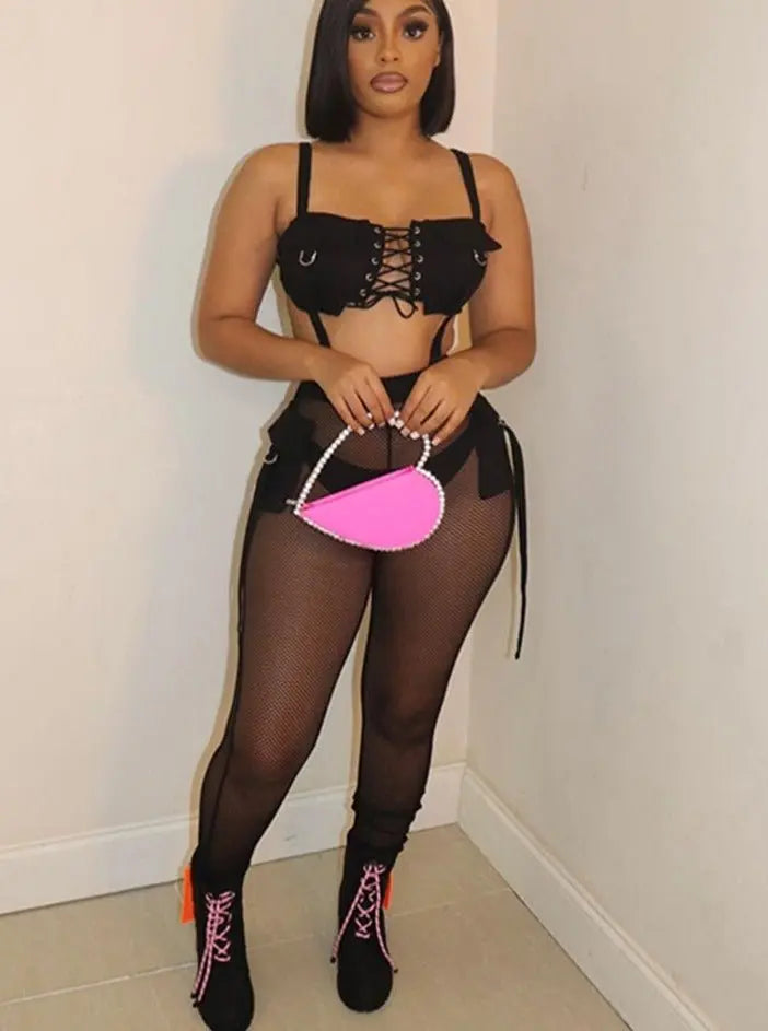 See Through Mesh Crop Top and Trousers Two Piece Set Casual Streetwear 2022 - Blade & Thread