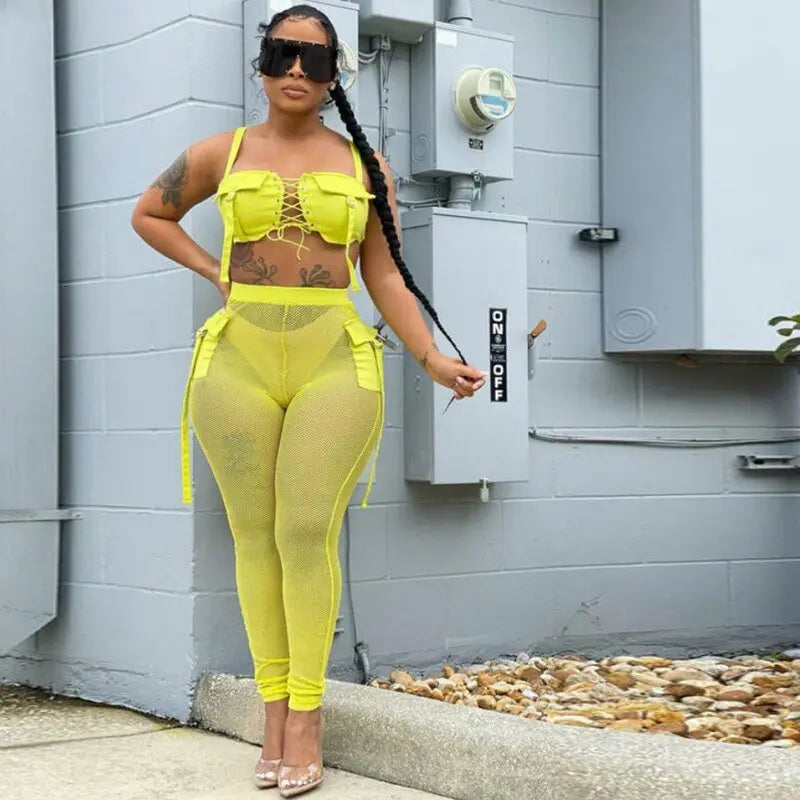 See Through Mesh Crop Top and Trousers Two Piece Set Casual Streetwear 2022 - Blade & Thread