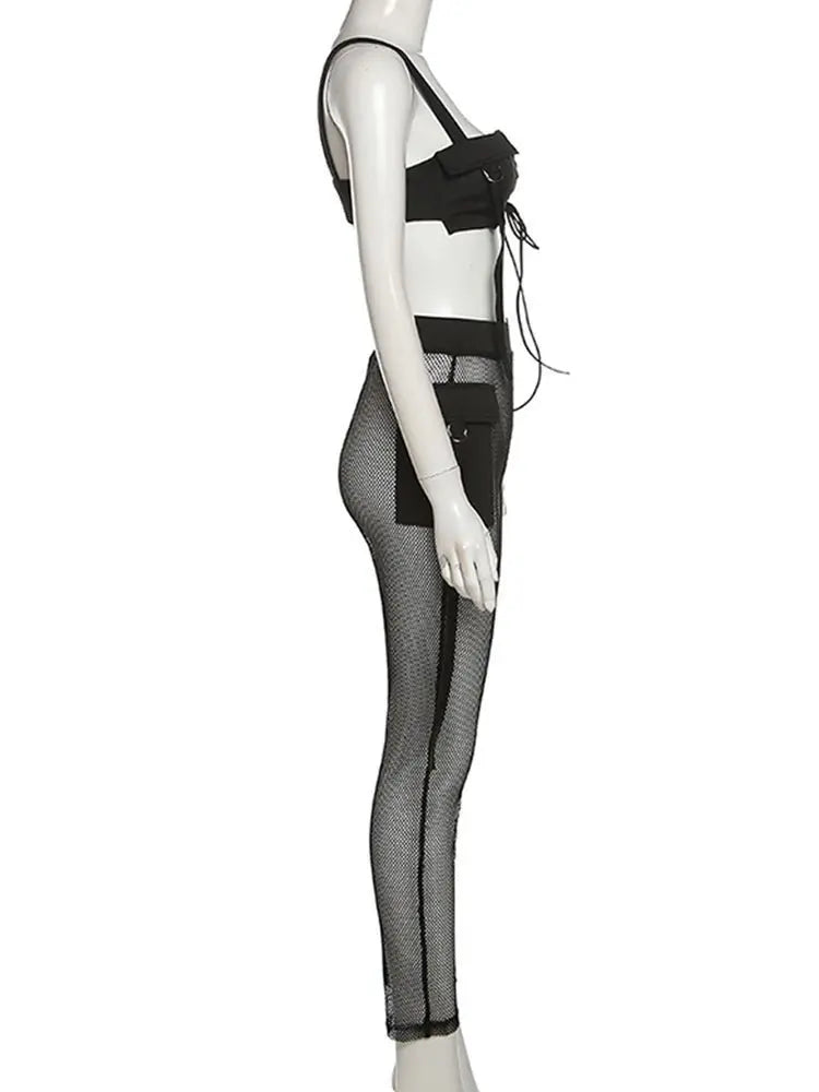 See Through Mesh Crop Top and Trousers Two Piece Set Casual Streetwear 2022 - Blade & Thread