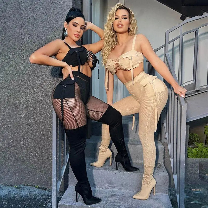 See Through Mesh Crop Top and Trousers Two Piece Set Casual Streetwear 2022 - Blade & Thread