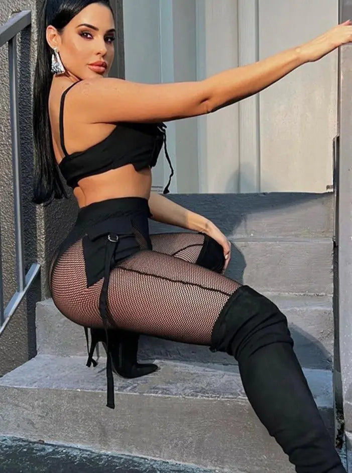 See Through Mesh Crop Top and Trousers Two Piece Set Casual Streetwear 2022 - Blade & Thread