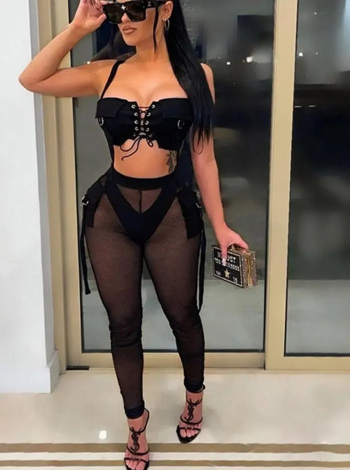 See Through Mesh Crop Top and Trousers Two Piece Set Casual Streetwear 2022 - Blade & Thread