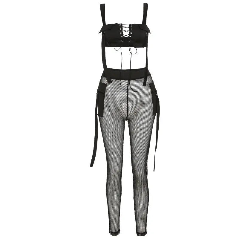 See Through Mesh Crop Top and Trousers Two Piece Set Casual Streetwear 2022 - Blade & Thread