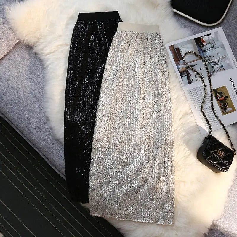Sequin Long Skirt Women Summer High Waist Elastic Wraps Skirts Female Fashion Elegant - Blade & Thread