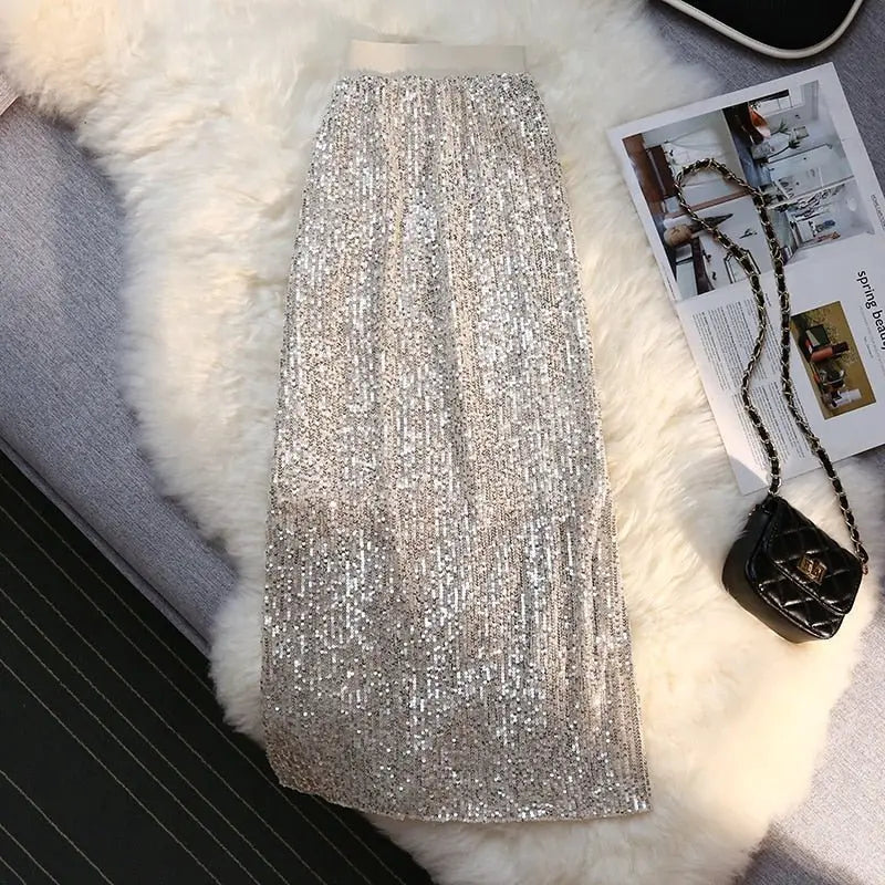 Sequin Long Skirt Women Summer High Waist Elastic Wraps Skirts Female Fashion Elegant - Blade & Thread