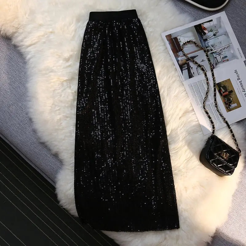 Sequin Long Skirt Women Summer High Waist Elastic Wraps Skirts Female Fashion Elegant - Blade & Thread