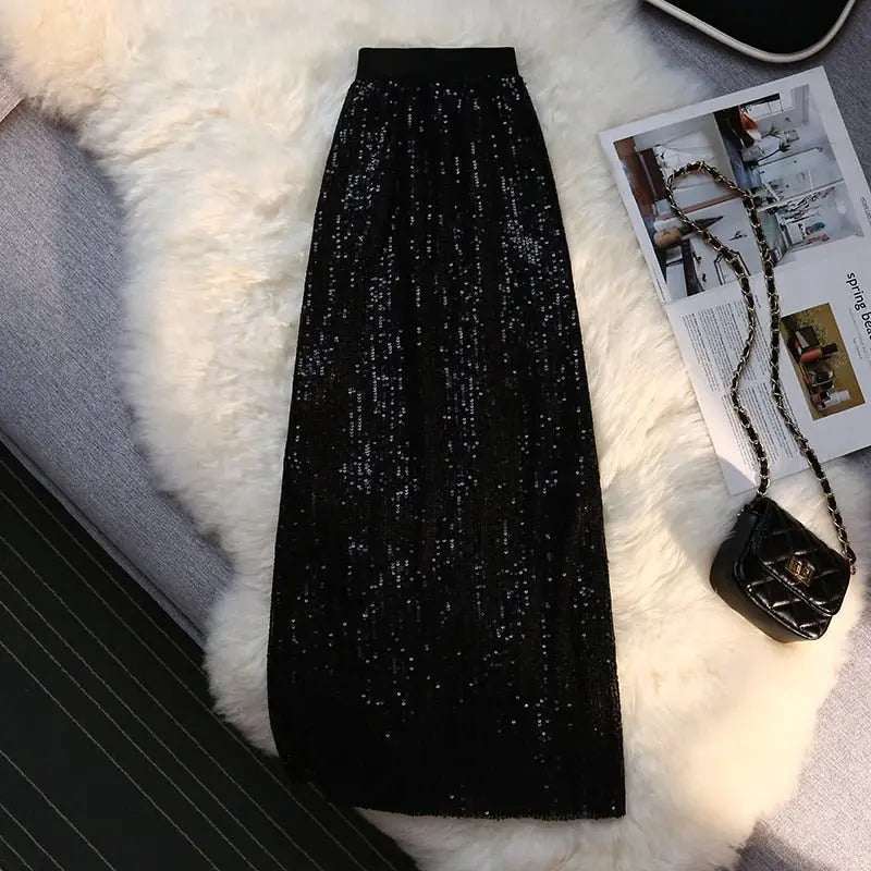 Sequin Long Skirt Women Summer High Waist Elastic Wraps Skirts Female Fashion Elegant - Blade & Thread