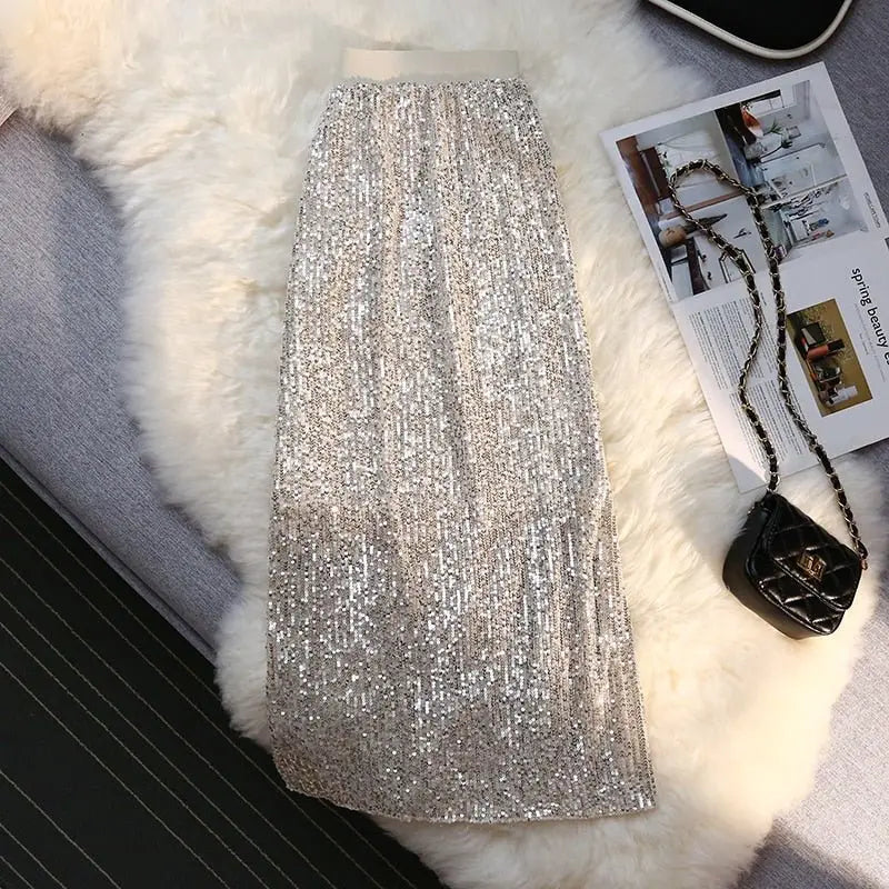 Sequin Long Skirt Women Summer High Waist Elastic Wraps Skirts Female Fashion Elegant - Blade & Thread