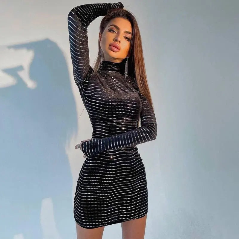 Sequins Long Sleeve Turtleneck Bodycon Slim Sexy Mini Dress Party Club Y2K - Blade & Thread