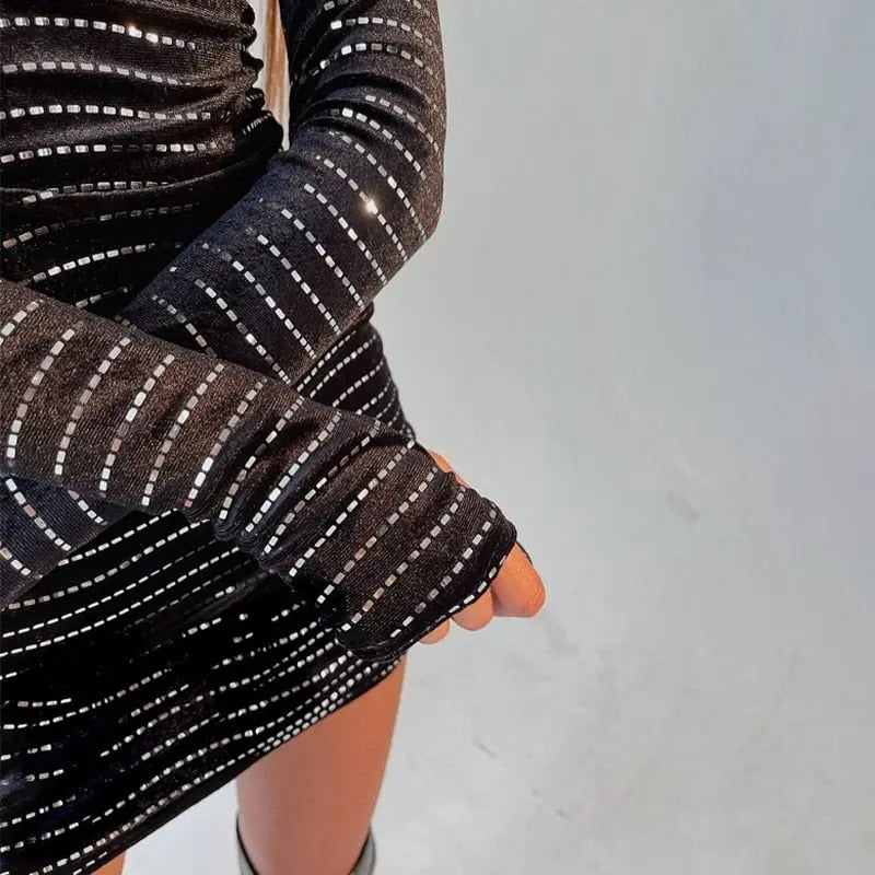 Sequins Long Sleeve Turtleneck Bodycon Slim Sexy Mini Dress Party Club Y2K - Blade & Thread