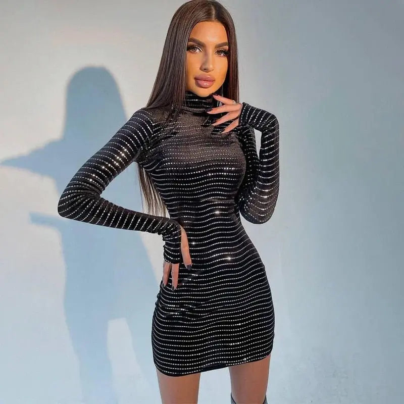 Sequins Long Sleeve Turtleneck Bodycon Slim Sexy Mini Dress Party Club Y2K - Blade & Thread