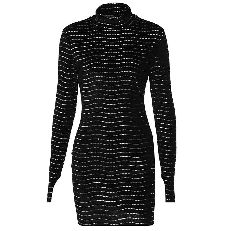 Sequins Long Sleeve Turtleneck Bodycon Slim Sexy Mini Dress Party Club Y2K - Blade & Thread