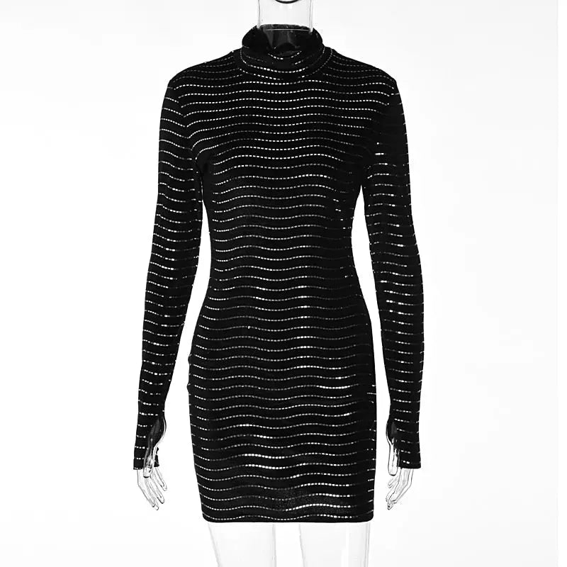 Sequins Long Sleeve Turtleneck Bodycon Slim Sexy Mini Dress Party Club Y2K - Blade & Thread