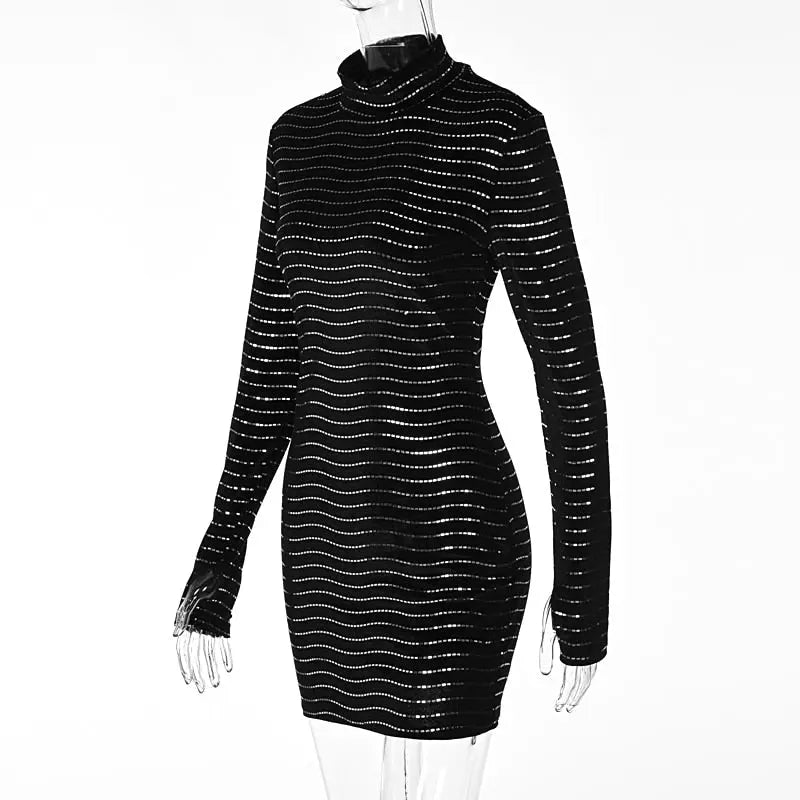 Sequins Long Sleeve Turtleneck Bodycon Slim Sexy Mini Dress Party Club Y2K - Blade & Thread