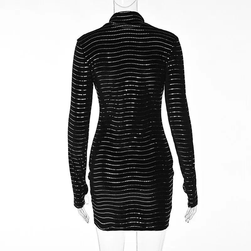 Sequins Long Sleeve Turtleneck Bodycon Slim Sexy Mini Dress Party Club Y2K - Blade & Thread