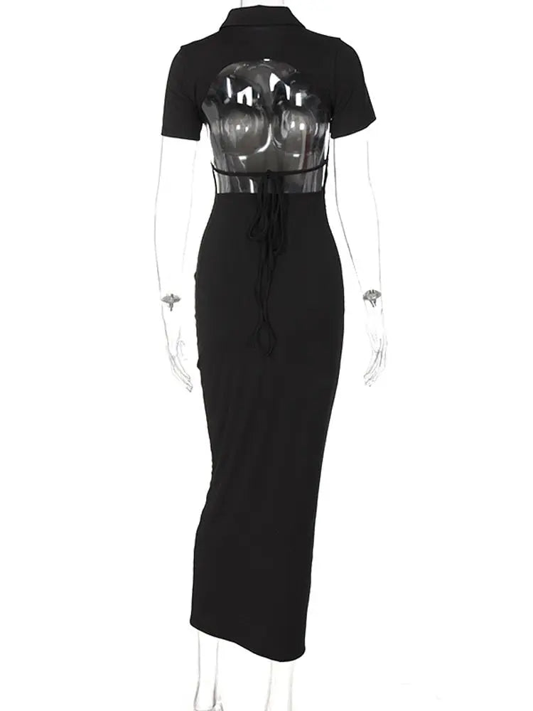 Sexy Backless Short Sleeve Shirt Dress Women Ribbed Buttons Up Bandage Knitted Bodycon Gown 2022 - Blade & Thread