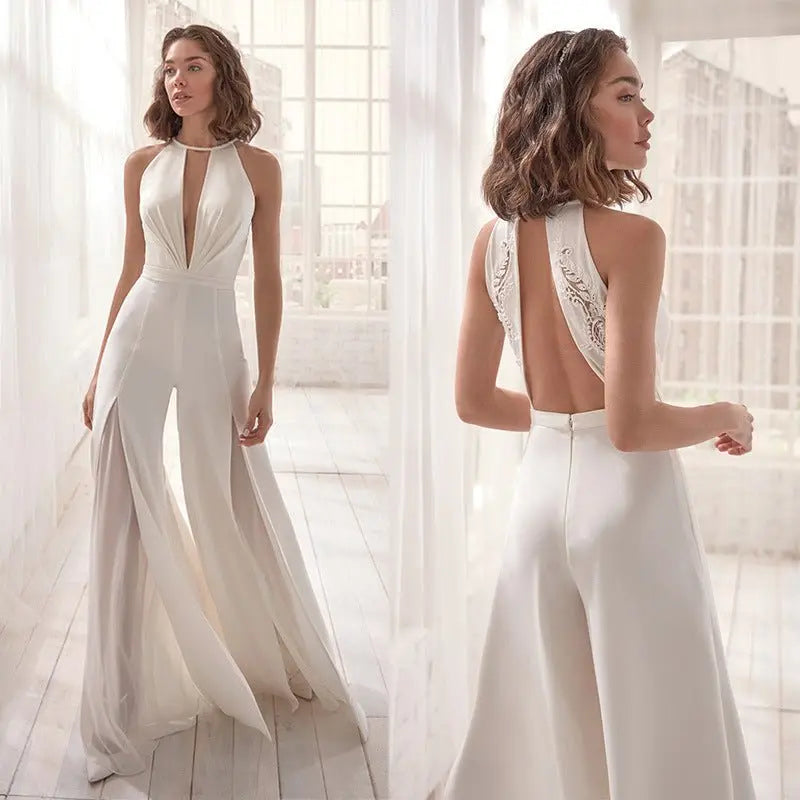 Sexy Deep V Halter Neck Backless Casual Jumpsuit - Blade & Thread
