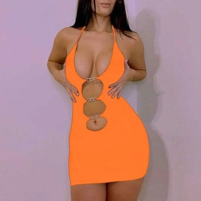 Sexy Hollow Mini Dresses Summer Women Solid Color Metal Chain Bodycon Sexy Sheath - Blade & Thread