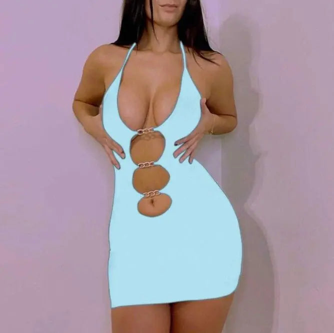 Sexy Hollow Mini Dresses Summer Women Solid Color Metal Chain Bodycon Sexy Sheath - Blade & Thread