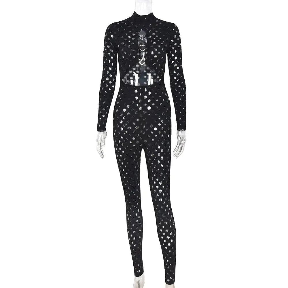 Sexy Hollow Out See Through Long Sleeve Jumpsuits Women Hole Grunge Skinny One Piece Rompers - Blade & Thread