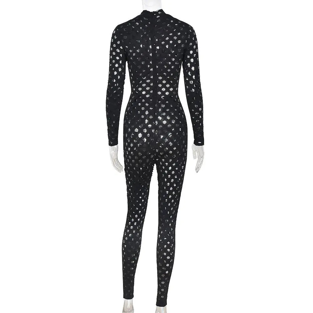 Sexy Hollow Out See Through Long Sleeve Jumpsuits Women Hole Grunge Skinny One Piece Rompers - Blade & Thread