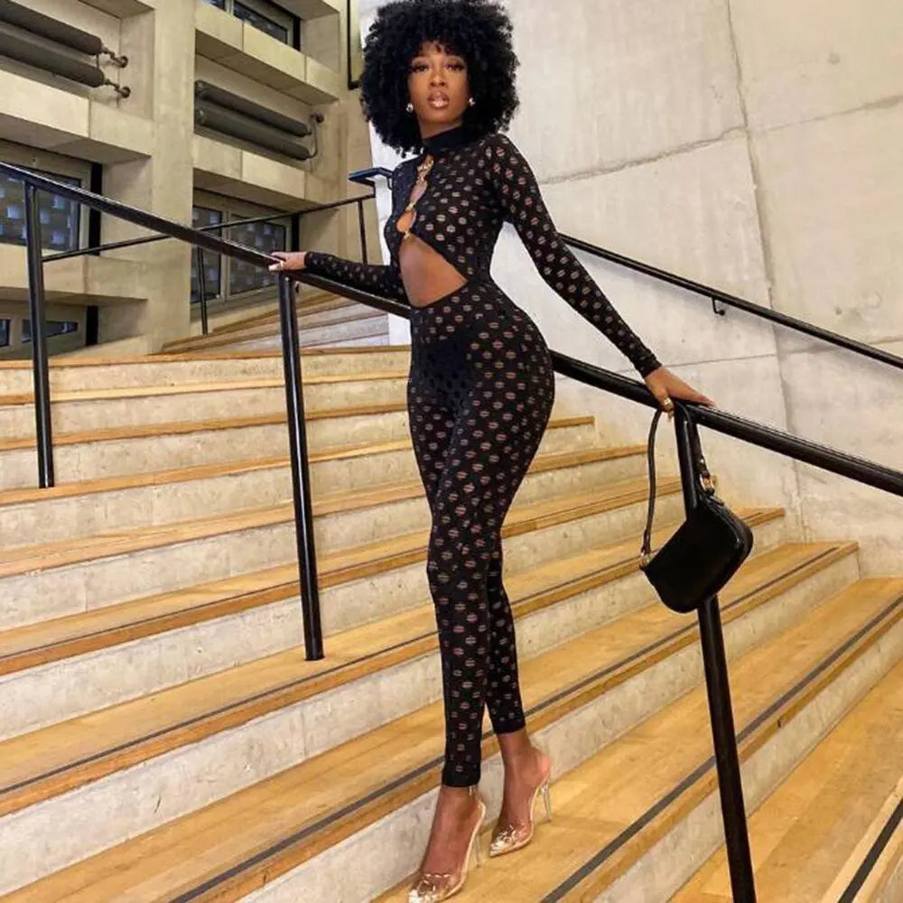 Sexy Hollow Out See Through Long Sleeve Jumpsuits Women Hole Grunge Skinny One Piece Rompers - Blade & Thread