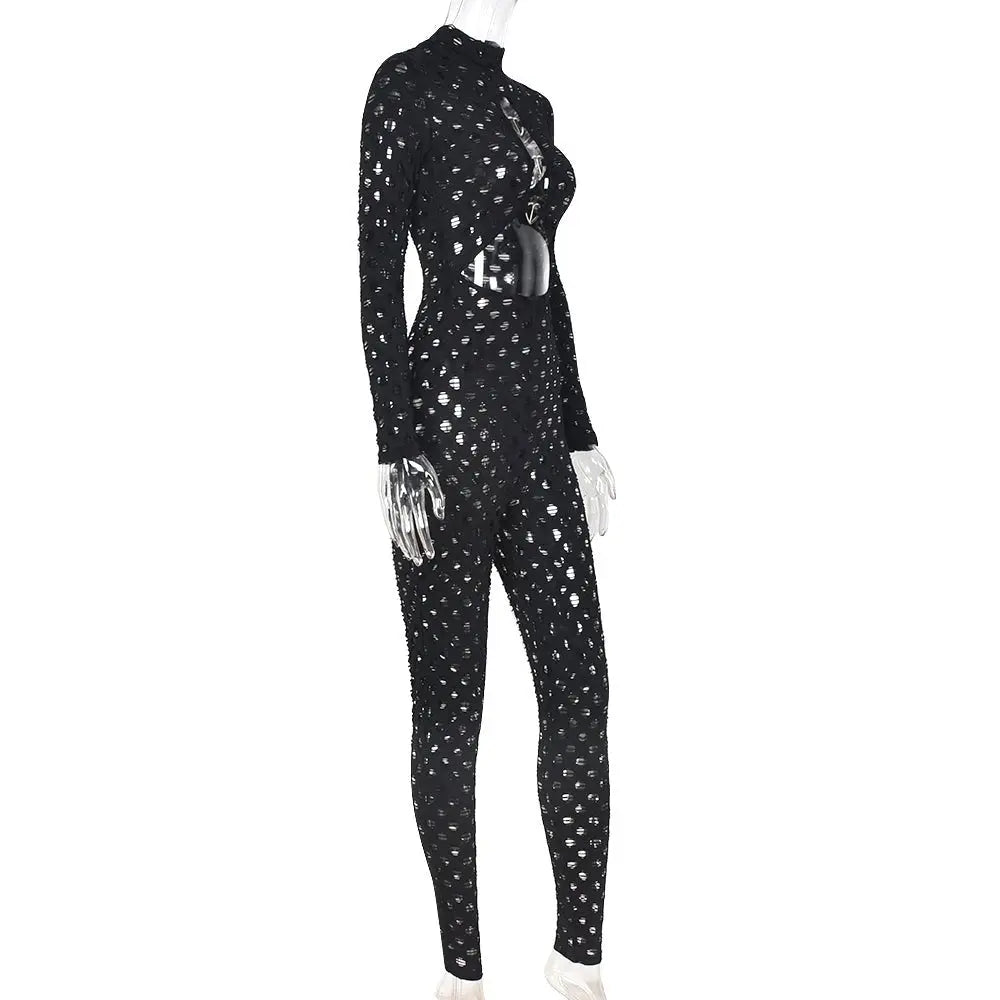 Sexy Hollow Out See Through Long Sleeve Jumpsuits Women Hole Grunge Skinny One Piece Rompers - Blade & Thread