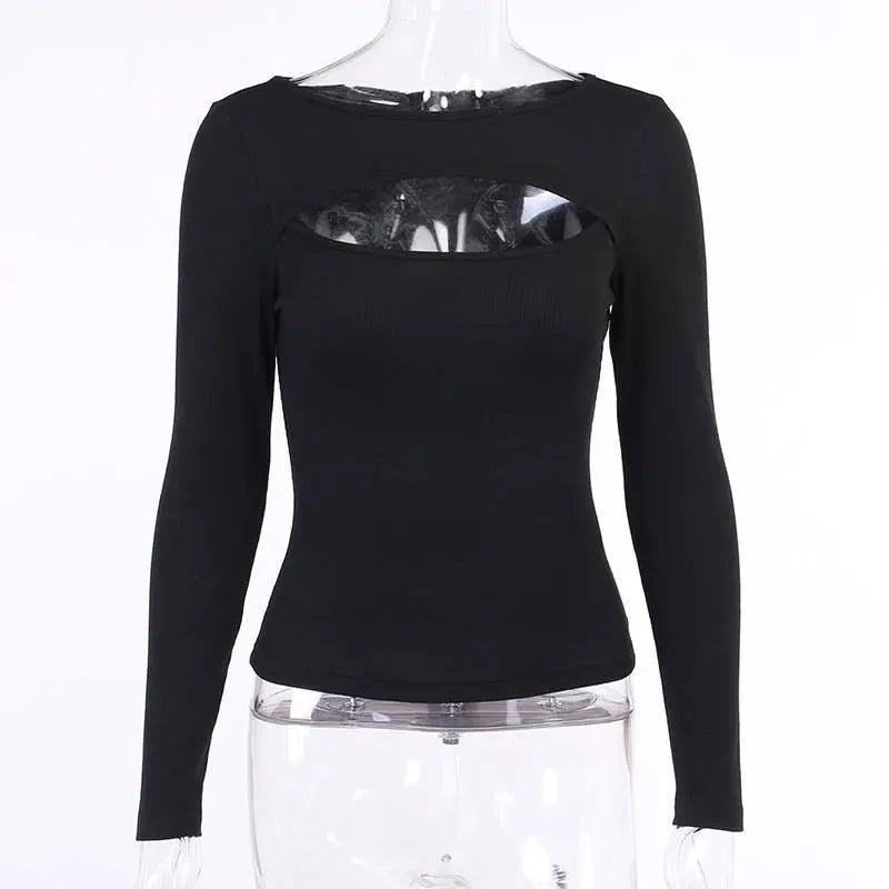 Sexy Hollow Out Slim Fit Long Sleeve Casual Round Neck Shirt Solid Black Tops T Shirt - Blade & Thread