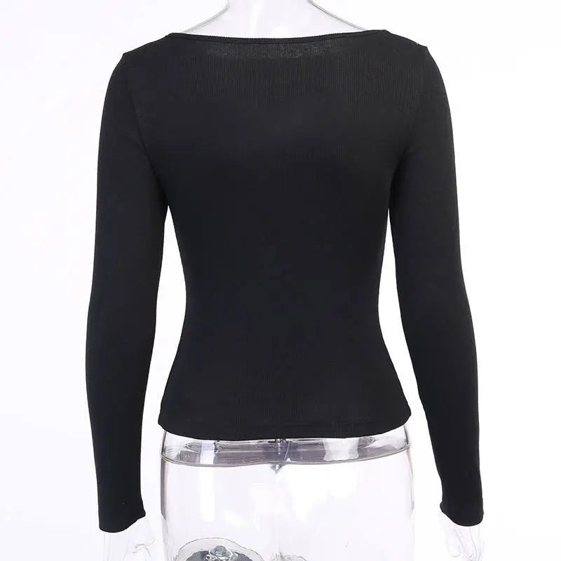 Sexy Hollow Out Slim Fit Long Sleeve Casual Round Neck Shirt Solid Black Tops T Shirt - Blade & Thread