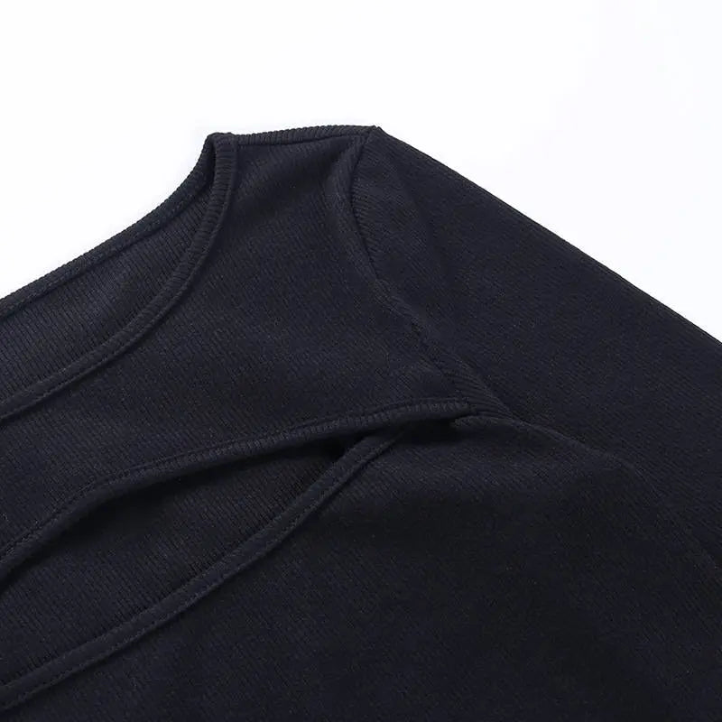Sexy Hollow Out Slim Fit Long Sleeve Casual Round Neck Shirt Solid Black Tops T Shirt - Blade & Thread