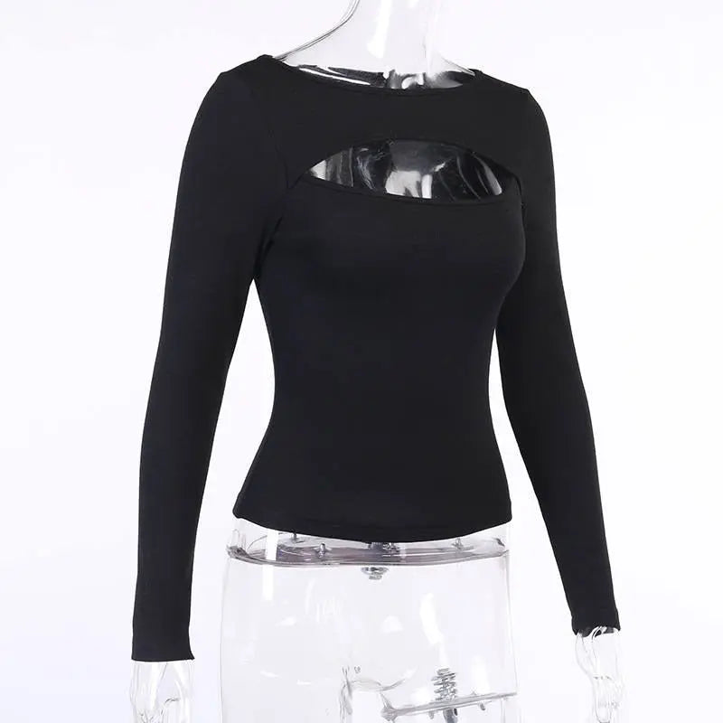 Sexy Hollow Out Slim Fit Long Sleeve Casual Round Neck Shirt Solid Black Tops T Shirt - Blade & Thread