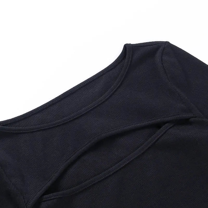 Sexy Hollow Out Slim Fit Long Sleeve Casual Round Neck Shirt Solid Black Tops T Shirt - Blade & Thread