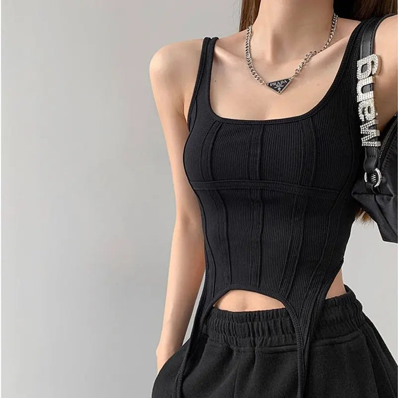 Sexy Irregular Hook White Tank Top Women Summer Square Collar Sleeveless Tops Vest Outwear - Blade & Thread