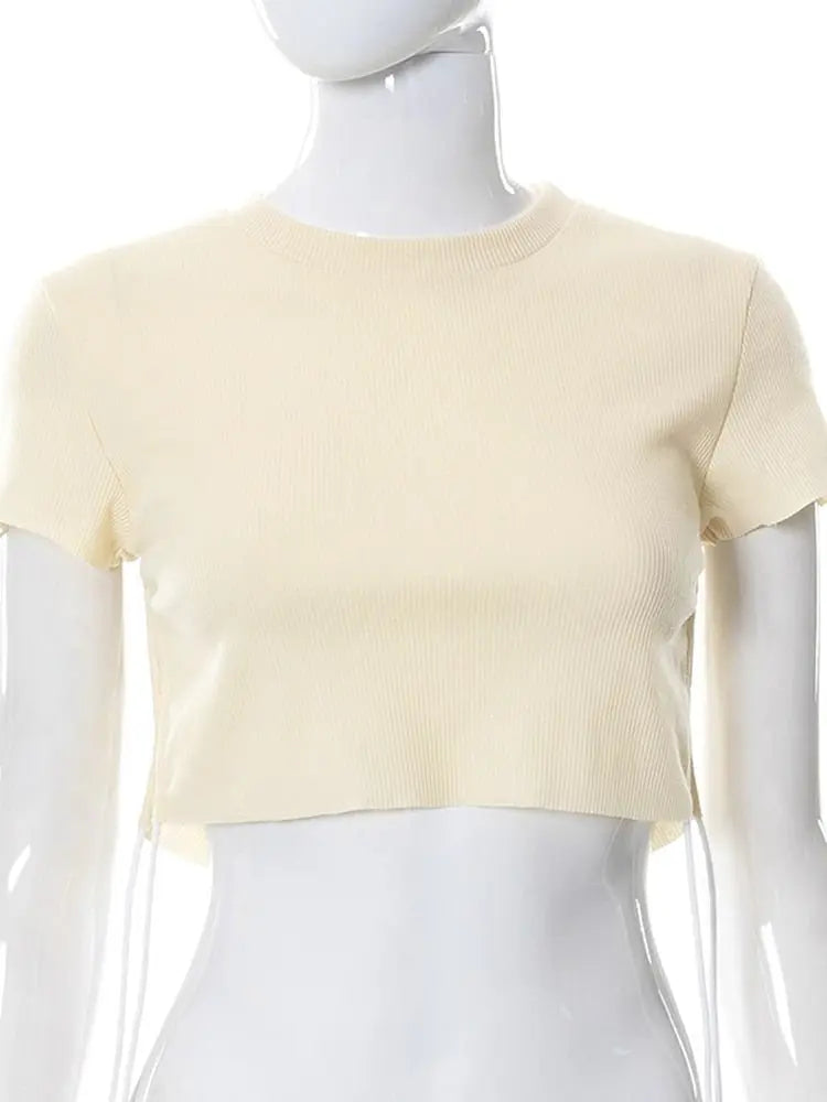 Sexy O Neck Split Ribbons Cropped T-Shirts Women Ribbed Knit Short Sleeve Slim Tshirts 2022 Summer - Blade & Thread